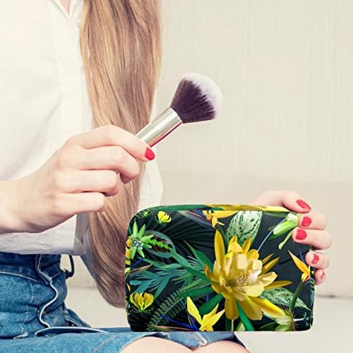 Saco de maquiagem pequeno, organizador cosmético da bolsa com zíper para mulheres e meninas, folhas de flores tropicais