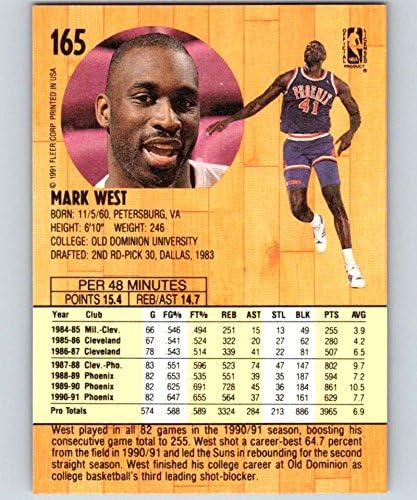 1991-92 Fleer Series 1 Basketball 165 Mark West Phoenix Suns NBA Official NBA Trading Card