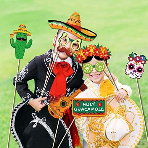 Mikimiqi 25 PCs Cinco de Mayo Photo Booth adereços com bastão, Fiesta mexicana máscara facial favorece a festa de selfie suportes cactus guitarra maraca suprimentos