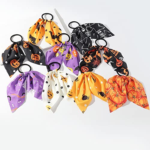9 PCs Scrunchies de cachecol de Halloween curtos para meninas, Halloween Hair laço com fita Bats Pumpkin Spider Skeleton Ghost
