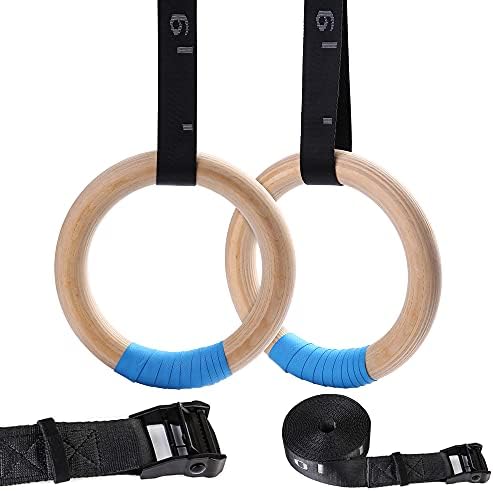 Yoelvn Wood Gymnastic Rings com tiras de treinador de suspensão de número ajustável com came fivela de 15 pés de 15 pés de 32/28mm