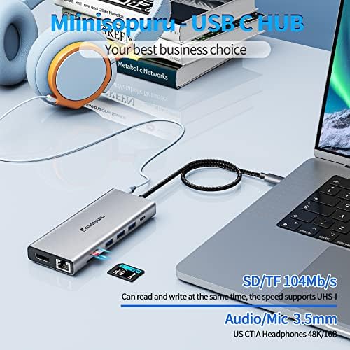 Minisopuru USB C Hub Dual HDMI Adaptador, 13 em 1 adaptador multiporto USB C para 2 monitores, dp, 5 portas USB A, carregador de dock USB C PD, para Windows Laptops