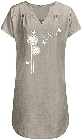 Vestido boho feminino estampa de manga curta vestido de linho de algodão solto de algodão solto vestidos de manga curta casual