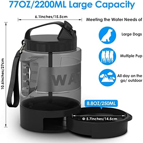 Dispensador de tigela de água de cachorro 77 onças, garrafa de água de viagem de cachorro grande para acampamento parque de cã