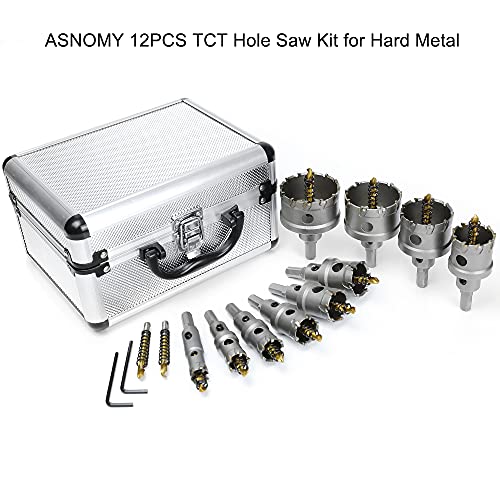Asnomy 12pcs TCT Hole Saw Kit para metal duro, cortador de orifício com gorjeta de tungstênio de tungstênio de 5/8 -2-1/8.