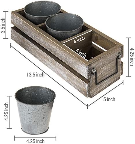 Suporte de utensílio de madeira marrom rústica com alça e 3 baldes de metal galvanizados, caddy de talheres de bancada de