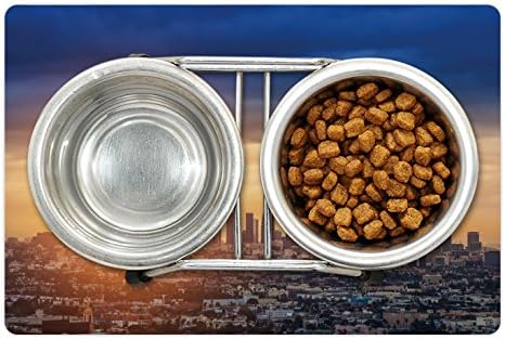 Ambsosonne City Pet Tapete para comida e água, nascer do sol na arquitetura urbana de Los Angeles, cenário tranquilo majestoso céu, retângulo de borracha sem deslizamento para cães e gatos, marinho azul marinho marfim