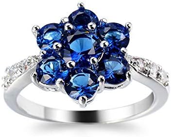 T-Jewelry European Flower Style Swiss Blue Topaz Gemito Praz Silver Tamanho 6-10 para mulher
