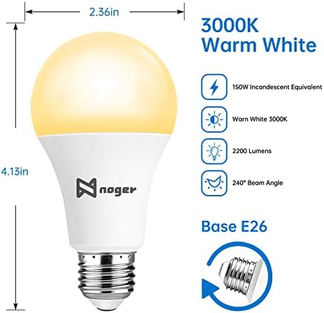 Lâmpadas LED de Noger A21, 20 watts, 3000k branco quente, lâmpada super brilhante 2200 lúmens, e26 base, CRI: 80+ AC: 120V