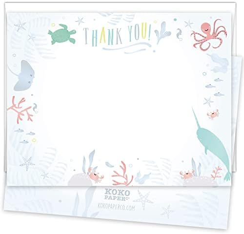 Koko Paper Co Under the Sea Creaturas planas Cartões de agradecimento | 25 cartões planos e 25 envelopes brancos brilhantes | Cartão pesado