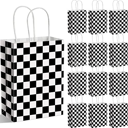 Outus 100 peças Sacos de tratamento de bandeira xadrez pretos e brancos bolsas de papel com manuseio sacolas de tratamento de carros para guloseimas de doces para decoração de carros de corrida