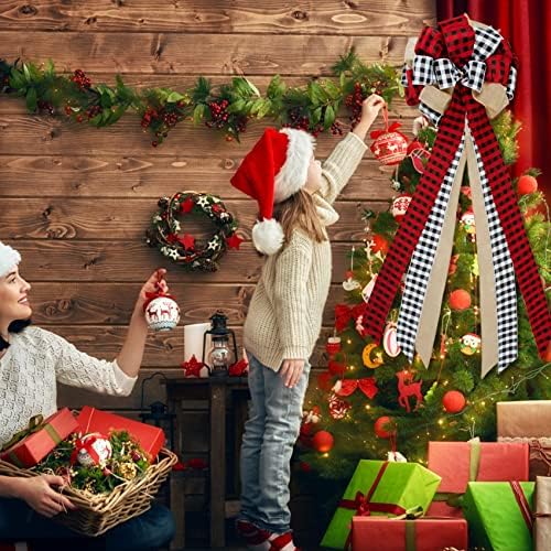 Arreço do topper da árvore de Natal, 37,4 x 12,6 polegadas Buffalo xadrez de árvore de Natal com estopa vermelha e preta, caçadores de árvores artesanais decoração de Natal para festas de festas de festas de festas de fazenda decorações de casa