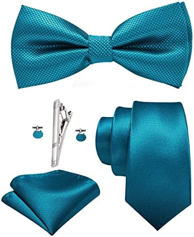 Tias masculinas Hi-Tie Definir gravata borboleta de gravata de seda e punhos quadrados de bolso definido com clipe