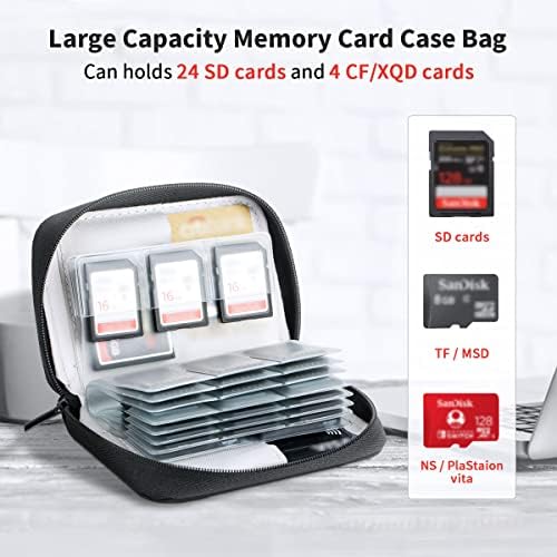 28 Slots SD Card Holder Case com rótulos, organizador de armazenamento de cartões de memória para 24 SD SDXC SDHC Cards + 4 Cf XQD Cards, Casos de carteira portátil com Number Stick, preto