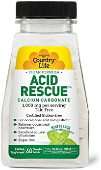 Country Life Life Rescue Carbonato de Cálcio, Fórmula Limpa, 1.000mg, Free Talc, 60 comprimidos de sabor de hortelã mastigável, sem açúcar, sem glúten certificado, vegano certificado, não-GMO verificado