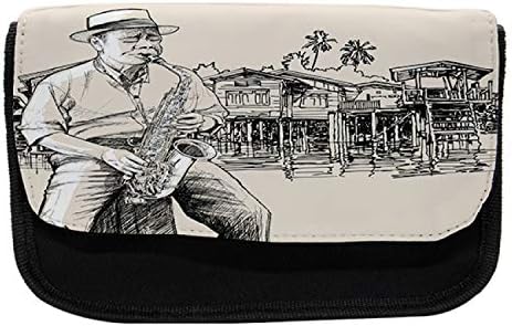 Caixa de lápis de jazz lunarable, saxofone jogador Guy Musical, Saco de lápis de caneta com zíper duplo, 8,5 x 5,5, bege preto e cinza
