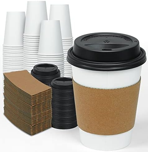 Ginkgo [100 pacote de 12 oz de papel espessado de papel com tampas e mangas, para fazer xícaras de café quentes para casa, escritório, casamento e cafés
