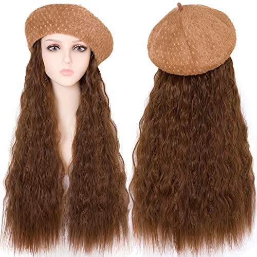 无 Peruca de chapéu de boina para mulheres com cabelos sintéticos de onda longa 4/30 cor 22 polegadas Chapéus de peruca de onda