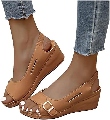 Sandálias de cunha para mulheres peep toe dedo elástico tornozelo sandálias slingback sem costas no vestido de fivela