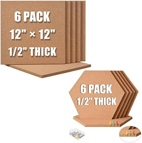Sungift Cork Board 12 x12 - 1/2 de espessura, 6 comprimidos de cortiça auto -adesivos, tacos de cortiça hexagon com 3 pacote de 6,
