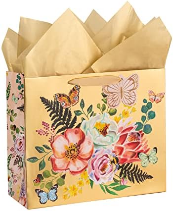 Maypluss 12,5 Bolsa de presente grande com papel de seda - design floral de ouro rosa com brilho de folha metálica glitter