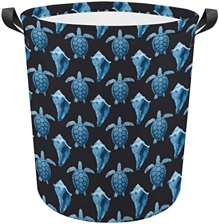 Tartarugas marinhas azuis Conch Shell Laundry Horty Round Canvas Fabric Cestas com alças Bolsa de roupas de lavar lixo dobrável à prova