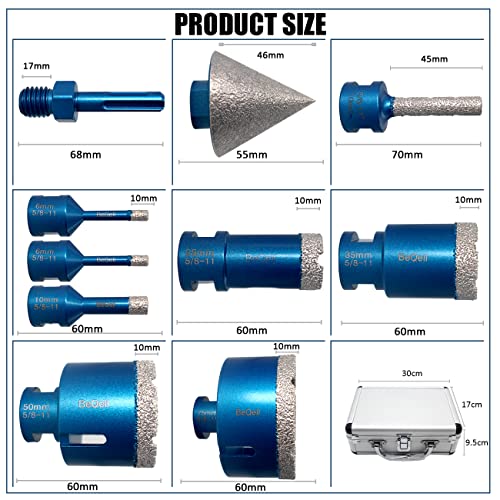 Diamond Core Bit Kit Beqell Diamond Hole Hole Sweet para porcelana Granito de tijolo de mármore cerâmica de porcelana, 6/6/10/25/35/50/75mm+50mm