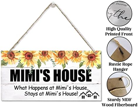 Edcto sinal de estilo vintage, a casa de Mimi, o que acontece na casa de Mimi, fica na casa de Mimi, pendurando placar de madeira decorativa, sinal de arte de parede de madeira impressa, presente para vovó 12x6 em