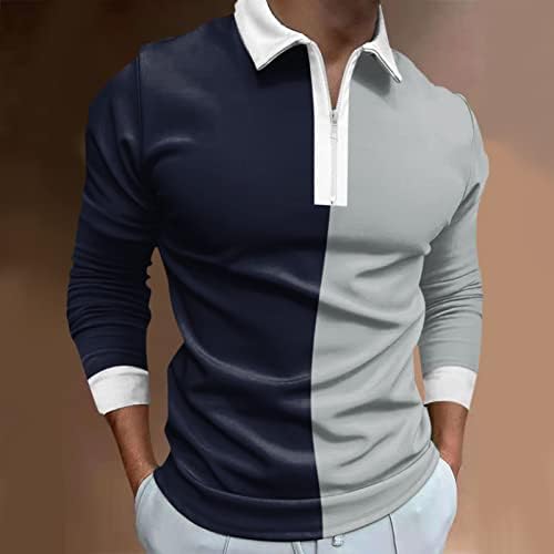 Camisas de pólo masculinas de Wocachi Pescoço zíper, inverno de manga comprida bloco de coloração de retalhos de golfe