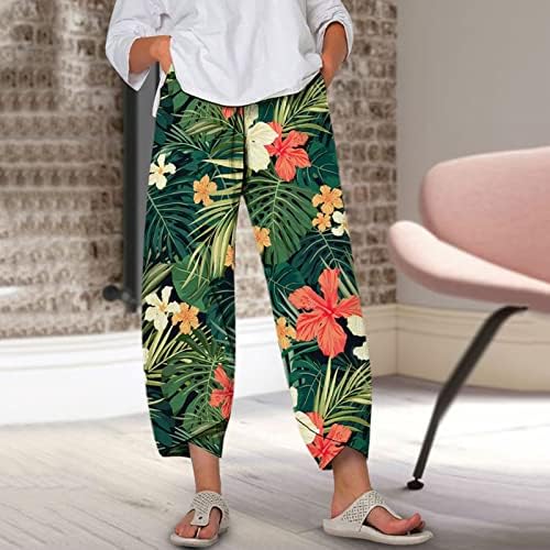 Calças de linho Zdfer para mulheres Summer Summer Beach Troushers Filmy Boho Printe