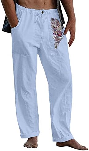 Calça masculina calça de moletom casual e confortável e confortável calça casual linho de algodão calças de cordão estampado
