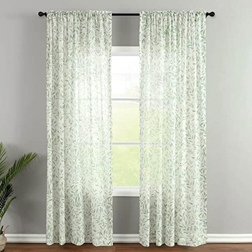 VOGOL 96 polegadas de comprimento cortinas puras, folhas verdes de bolso de haste estampada Cortinas da janela, cortinas do país