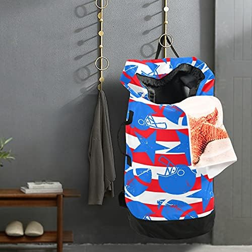 Estrelas listras de futebol bolsa de lavanderia grande mochila para lavanderia pesada com tiras de ombro bolsa de roupa