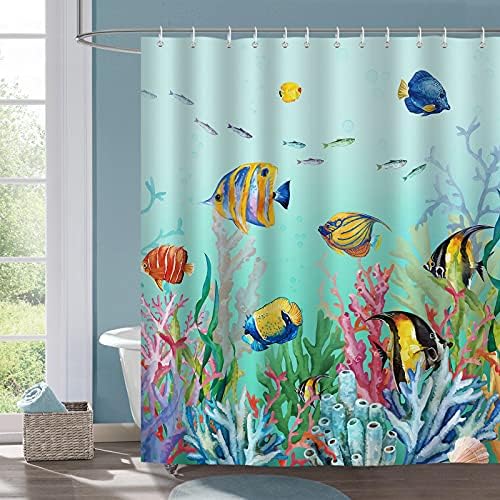 Bonhause Ocean Fish Chuser Curtain for Kids Tropical Fish Coral Underwater Blue Decorative Bath Cortina