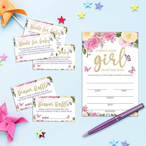 Cartões de convite de chá de bebê com borboletas florais com envelopes, bilhetes de sorteio de fraldas, bebê para livro de
