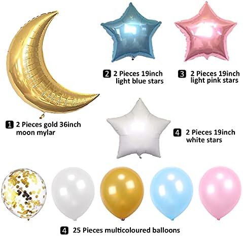34 PCs Twinkle Little Star Baby Shower Birthday Party Decoration, Moon and Star Mylar Balloons for Gender Reveal Party, Balloons de látex de confetes de ouro branco rosa azul