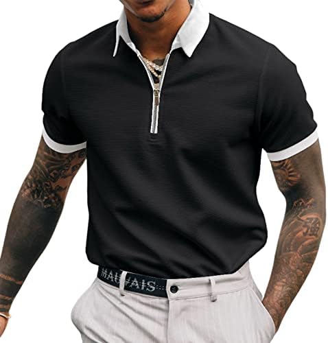 Yoeasy Men's Polo Zipper Collowar Contrast Color Color Athletic Tennis Slim Fit Polo-Shirt