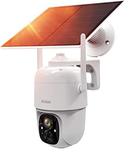 Câmera de segurança AceSee Câmera sem fio ao ar livre, 360 ° PTZ Câmeras sem fio Wi -Fi alimentadas por bateria solar para segurança doméstica, câmera de vigilância com detecção de movimento, holofotes, visão noturna colorida, alarme da sirene