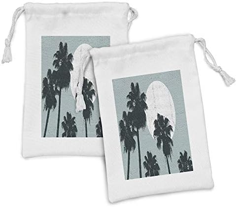 Ambesonne Tropical Island Fabric bolsa Conjunto de 2, lápis desenhados palmeiras altas longas e o sol, pequeno saco de cordão para máscaras e favores de produtos de higiene pessoal, 9 x 6, ardósia azul escuro verde escuro