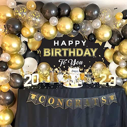 Decorações de aniversário preto e dourado, 95 peças Balões de confete de ouro branco com pacote de banner de fundo de ouro para materiais