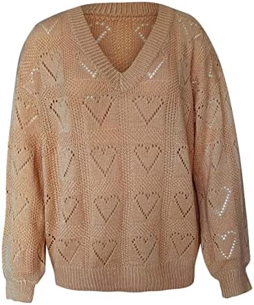 Waffle de decote em V malha de manga comprida suéter de suéter sólido em forma de coração Hollow Out Pullover solto top top de outono