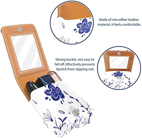 Caixa de batom de Oryuekan com espelho bolsa de maquiagem portátil fofa, bolsa cosmética, floral azul de flores pastoreável azul floral