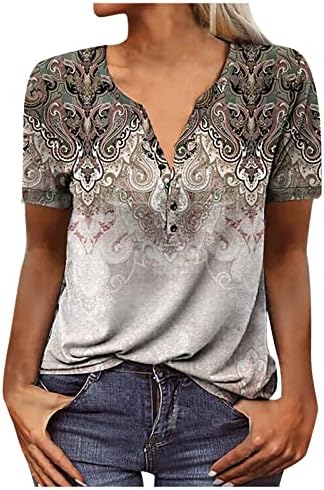Camisetas femininas Moda Casual Vo de pescoço em V Botão de impressão étnica LOW LODA TOPS DRESTE