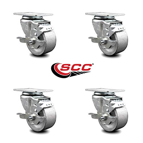 Conjunto de rodízios giratórios de 4 com freios e roda de ferro fundido semi aço com rolamento de rolos - 300 libras. Capacidade