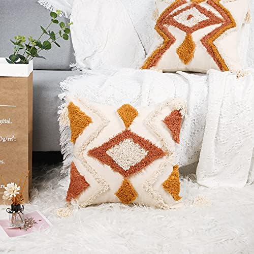 Capas de travesseiro de arremesso de carrinho Boho 18x18, capas decorativas de travesseiro com borlas de travesseiro bohemiano de borlas com o quarto da sala de estar da sala de estar