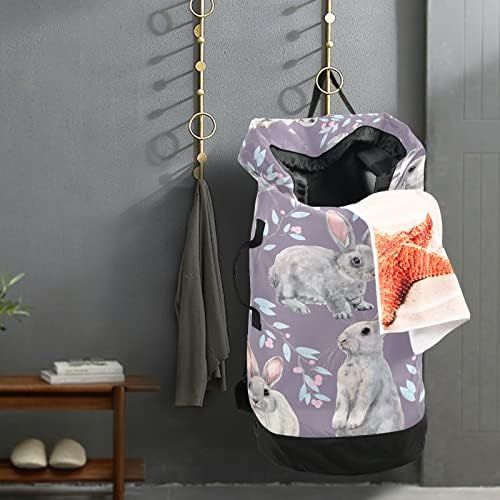 Bolsa de lavanderia de coelhos de Páscoa roxa com alças de ombro de lavanderia Backpack Bolsa Fechamento de Custring Durnato