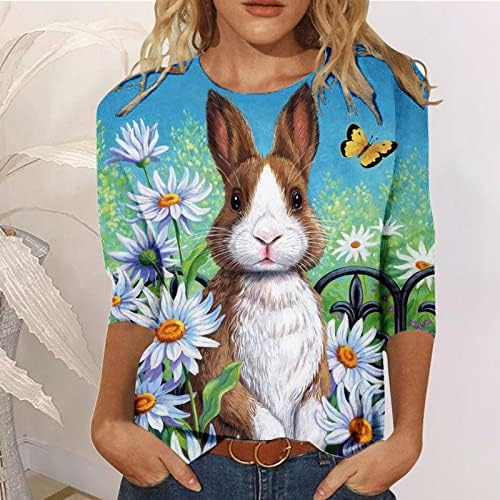 Camisa de coelhinho da Páscoa para Mulheres 2023 Vintage Floral 3/4 Manga o Pescoço Moda Camisas Casuais Bloups Mulheres curtas