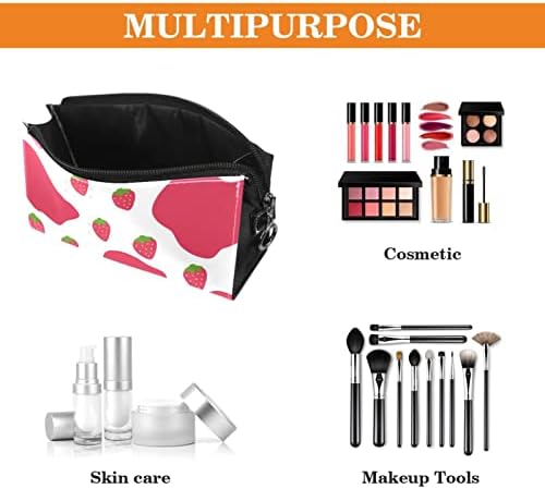 Bolsa de maquiagem, bolsa de cosméticos, organizador de bolsa de maquiagem à prova d'água, desenho animado de padrão de vaca de morango