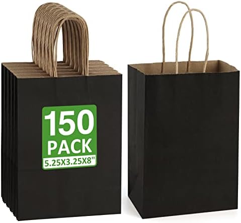 150 Pacote de papel preto de papel com as mãos 5.25x3.25x8 Gift-small-small-size reciclable-craft sags para proprietários de empresas