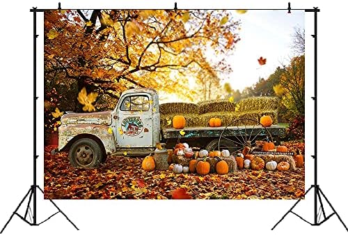 Lofaris Autumn Pumpkin Truck Cenário colheita Hay Fall Maple Folhas Folhas fotográficas Agradecimentos do dia da festa Decorações de fotos de bandeira 9x6ft 9x6ft